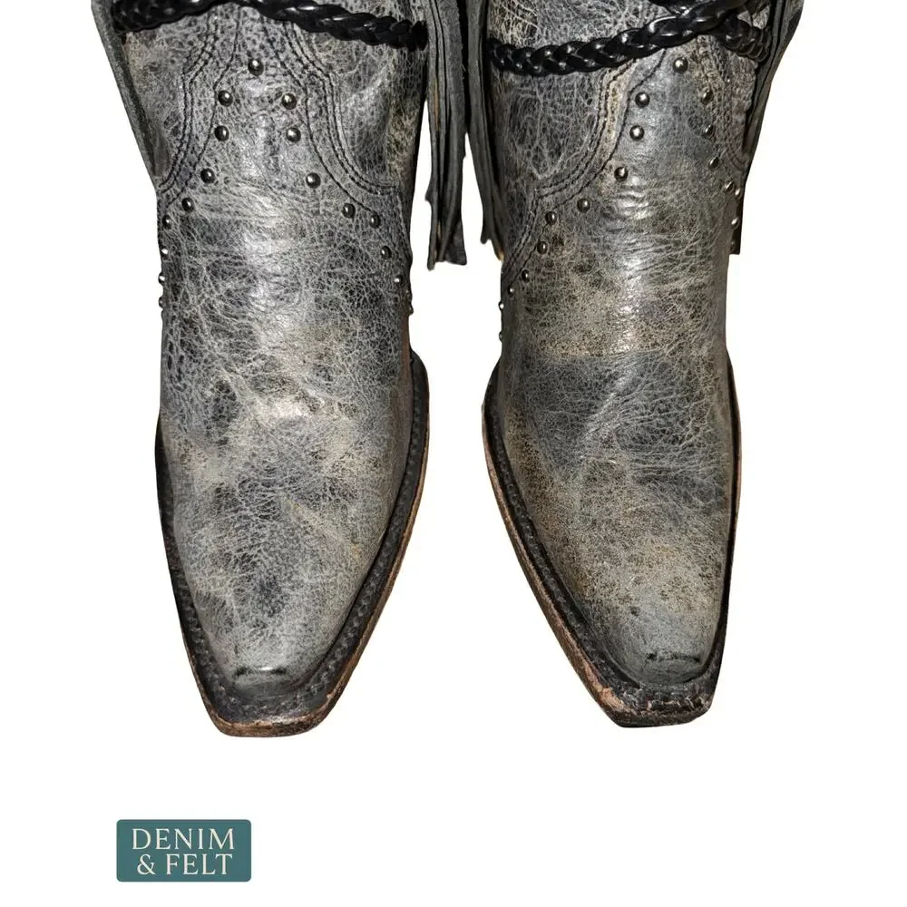 NEW Corral Brittney Fringe Braided Snip Toe Western Cowgirl Boots Grey‎ Black 6